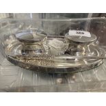 Hallmarked Silver: Pair of inkwells on stand with silver pen. Stand hallmarked London, pen