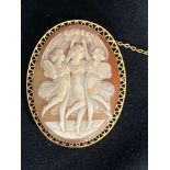 Jewellery: 20th cent. Shell cameo brooch, yellow metal (tests as 9ct), depicting the three muses.
