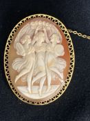 Jewellery: 20th cent. Shell cameo brooch, yellow metal (tests as 9ct), depicting the three muses.