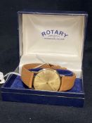 Watches: Swiss marked 18ct rotary slimline, tan leather strap, case numbered 864612.