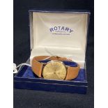 Watches: Swiss marked 18ct rotary slimline, tan leather strap, case numbered 864612.