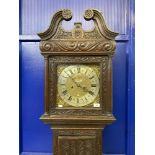 Clocks: 17th/18th cent. Carved oak Sam Smith or Aspeden longcase clock, five pillar movement, gilt