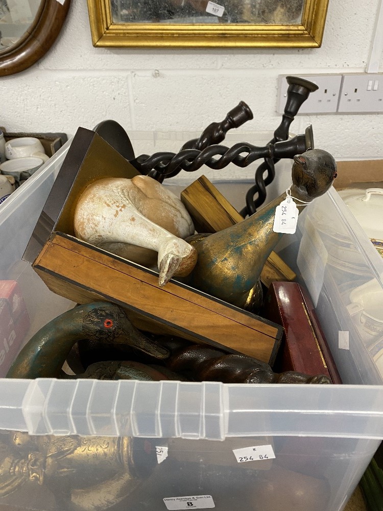 20th cent. Treen barley twist candlesticks two pairs, cribbage board, trinket boxes, treen painted