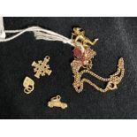 Jewellery: Yellow metal charms cupid and chain, test as 9ct, cross and padlock test as 14ct.