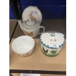 20th cent. Gladstone China crested ware teapot on stand and sugar bowl decorated with the Welsh