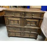 18th cent. English oak geometric chest of four drawers. Four moulded drawers with brass pear drop