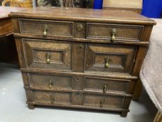 18th cent. English oak geometric chest of four drawers. Four moulded drawers with brass pear drop