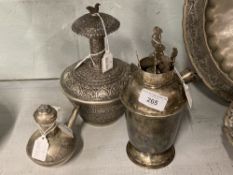 Oriental white metal plated vessels, water kettle, repousse decoration on flowers and panels with