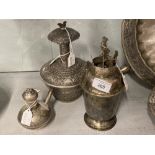 Oriental white metal plated vessels, water kettle, repousse decoration on flowers and panels with