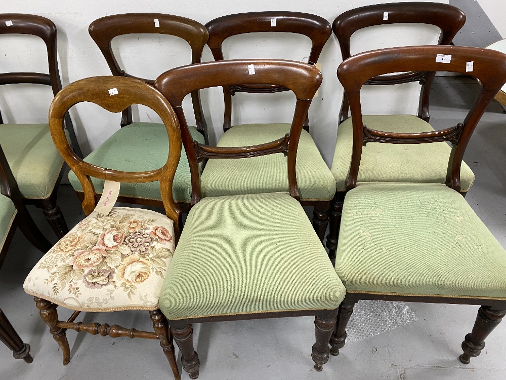 19th cent. Mahogany dining chairs (5) bar back, turned legs with green upholstery, plus one other.