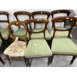 19th cent. Mahogany dining chairs (5) bar back, turned legs with green upholstery, plus one other.