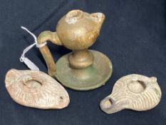 Antiquities: Terracotta oil lamp, late Roman elongated possibly trans Jordan, another with ridged