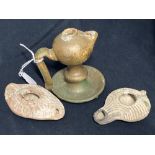 Antiquities: Terracotta oil lamp, late Roman elongated possibly trans Jordan, another with ridged