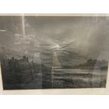 19th cent. British School: Black pastel (charcoal) of a dark castle landscape, signed lower right