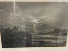 19th cent. British School: Black pastel (charcoal) of a dark castle landscape, signed lower right