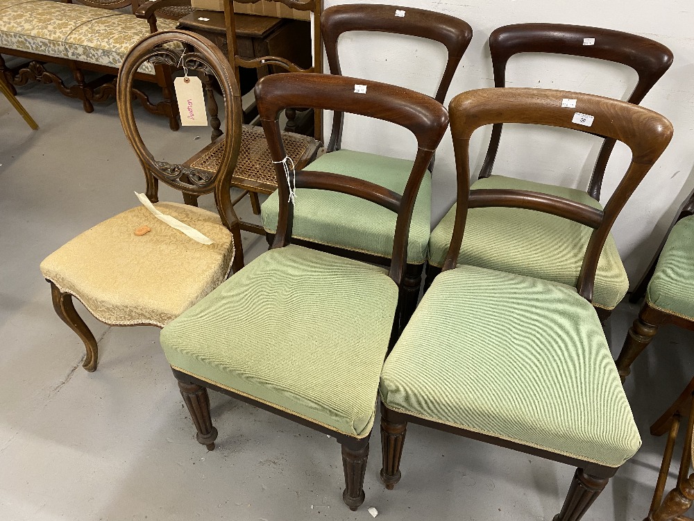 19th cent. Rosewood chairs (4) with fluted legs and green upholstery, plus two mahogany salon