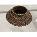 Ethnic Metalware: Brass tribal bracelet of geometric design (minus one pin). 800g.