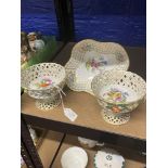 20th cent. Ceramics: Dresden sweetmeat dish with floral boccage, plus two latticework sweetmeat
