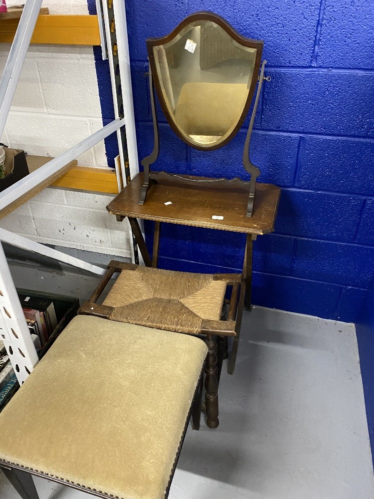 19th cent. Hepplewhite style shield shaped dressing table mirror. Plus rustic rattan bobbin