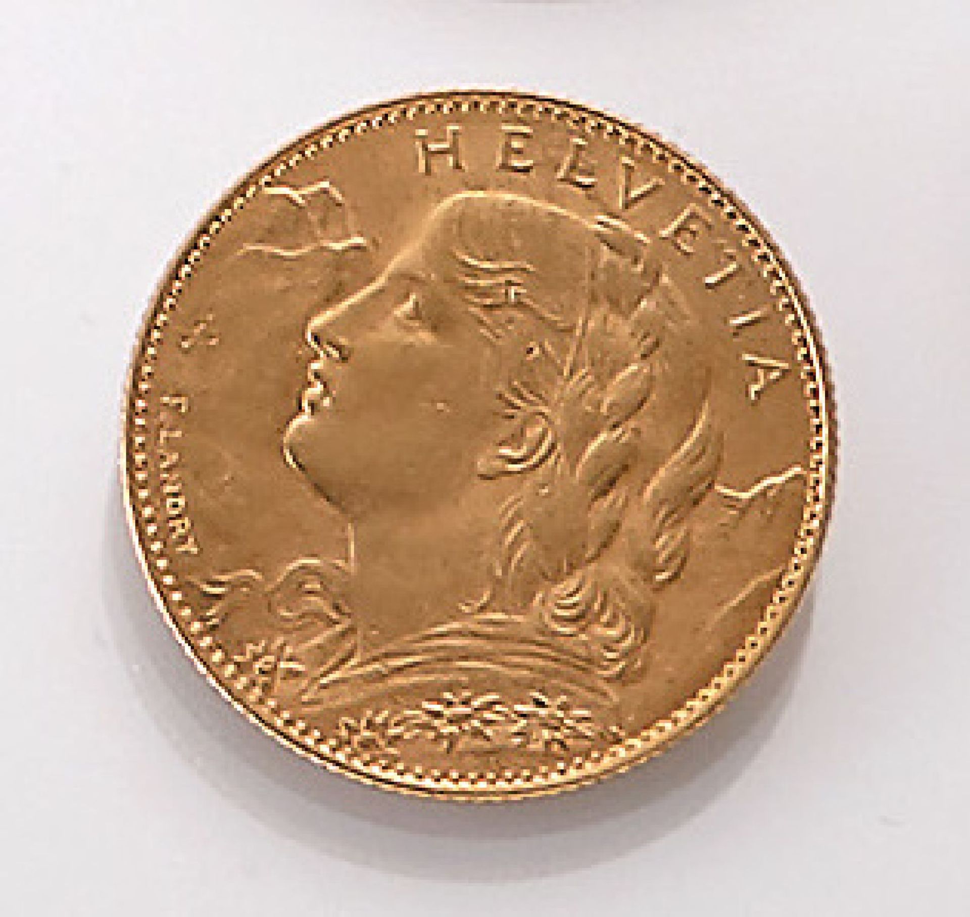 Gold coin, 10 Swiss Francs, Switzerland, 1916 , Helvetia, so-called Vreneli, impressed mark B