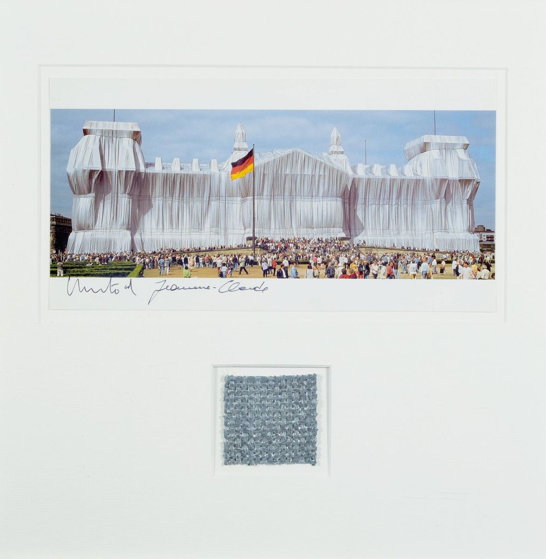 Christo and Jeanne Claude, born, 1935, Multiple with original Stoff, Veiled Reichstag", signed,