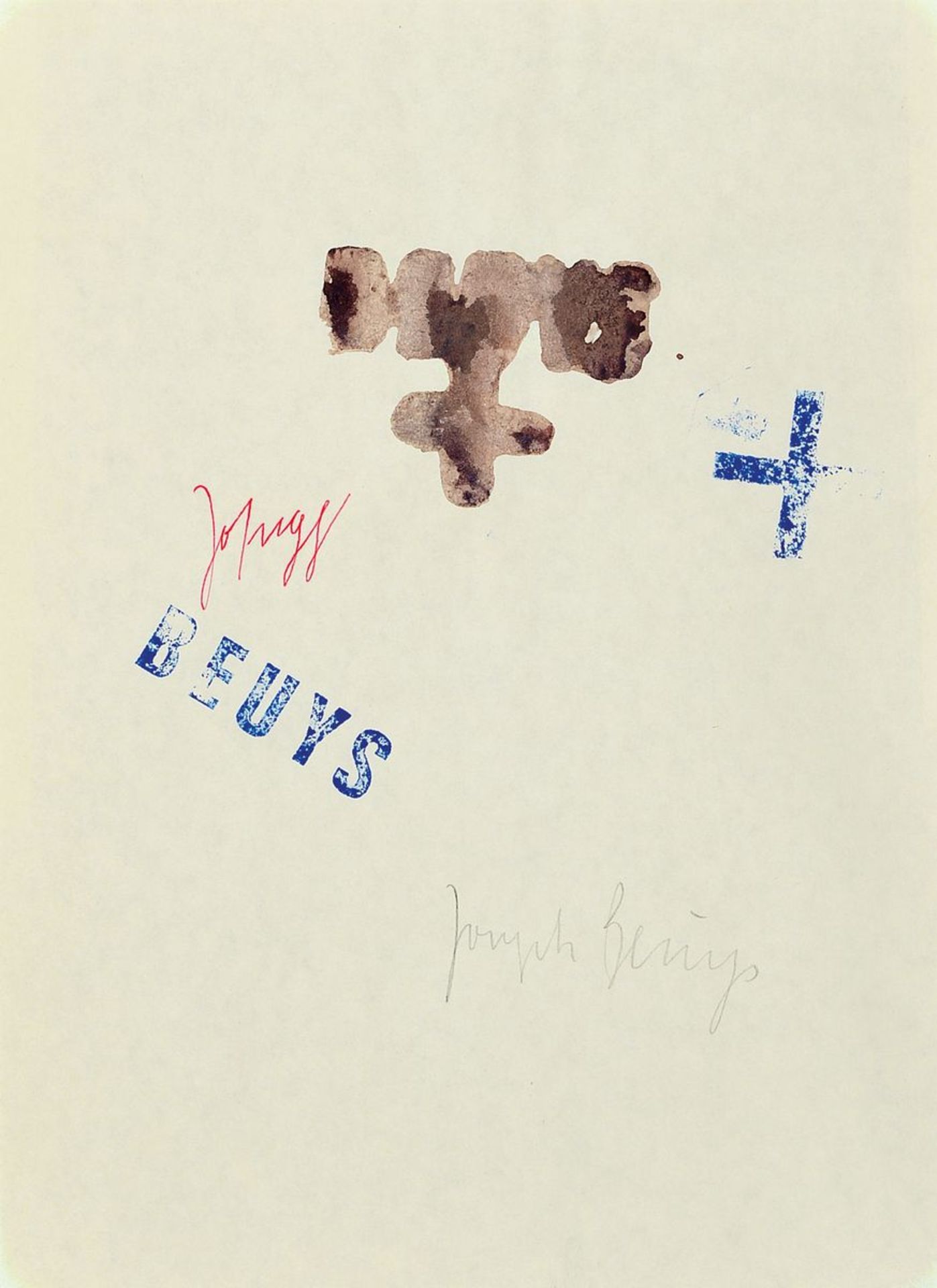 Joseph Beuys, 1921-1986, , watercolor and stamp, blue cross stamp and lettering, in rotem Stift