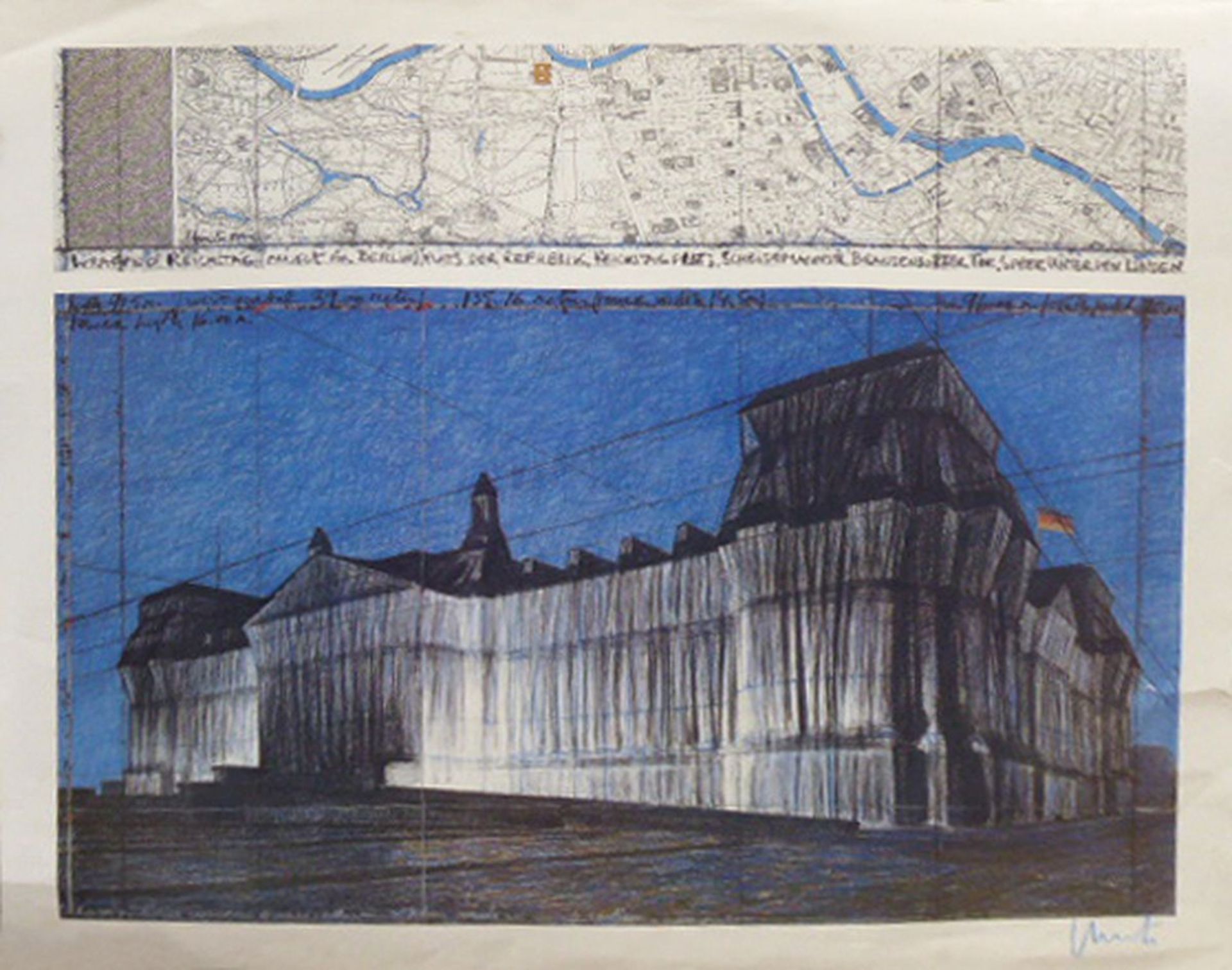 Christo, born 1935, Wrapped Reichstag, color offset, hand signed., sheet size 99x110 cm, dirty on