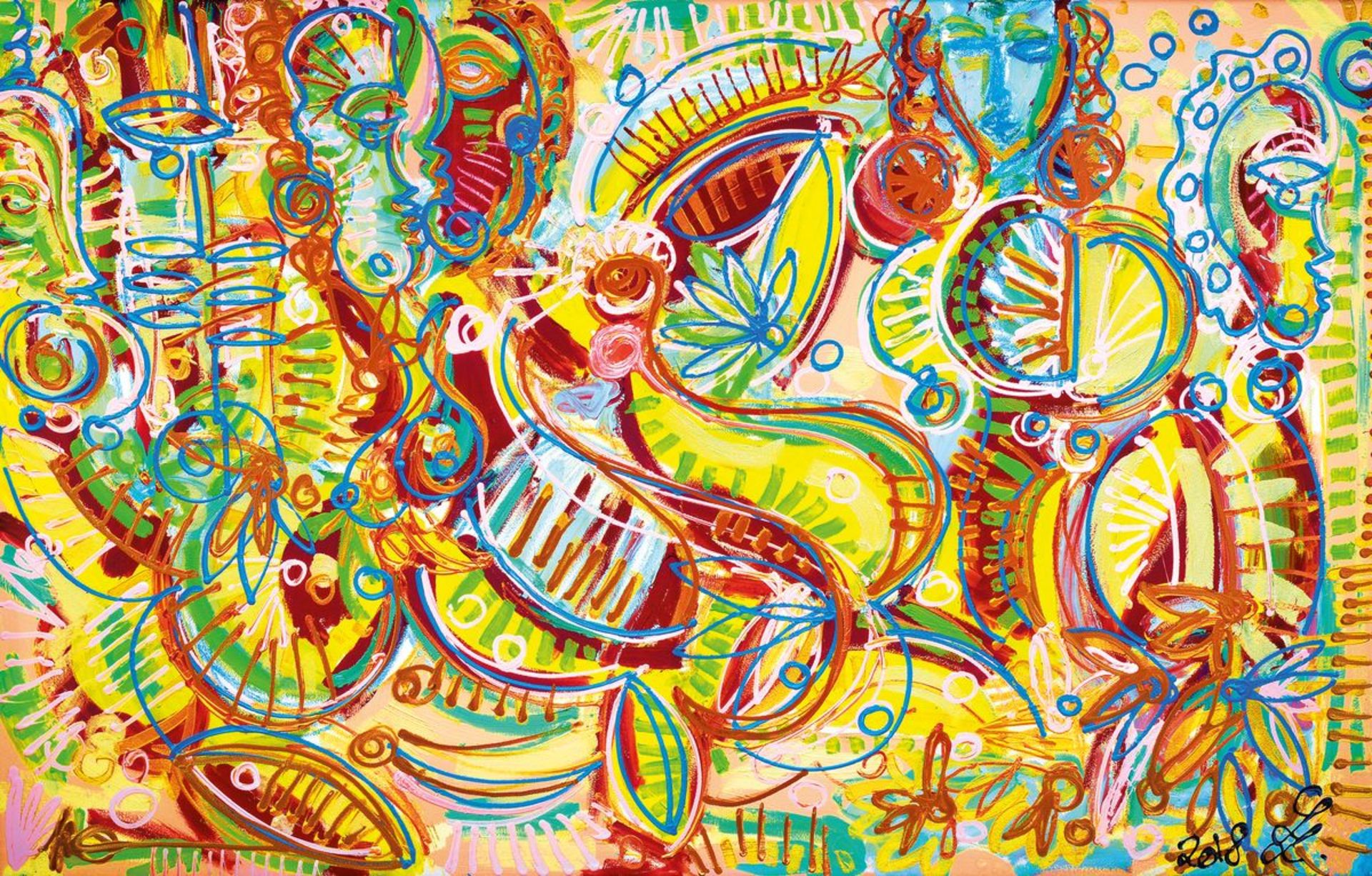 Leon Löwentraut, born 1998, 12-colors pigment print, "Caribbean Flair", on canvas, von Hand
