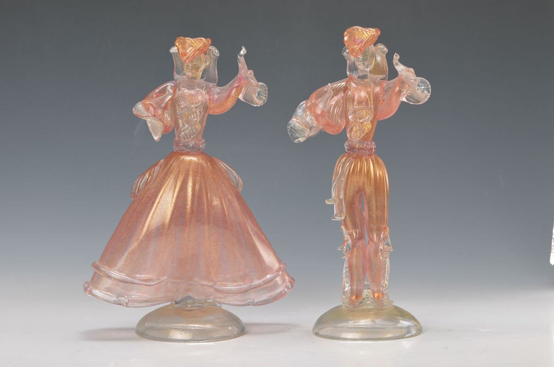 couple of Glass sculptures, Badioli Murano, 20th c., Man and woman in style of the Rococo, blown