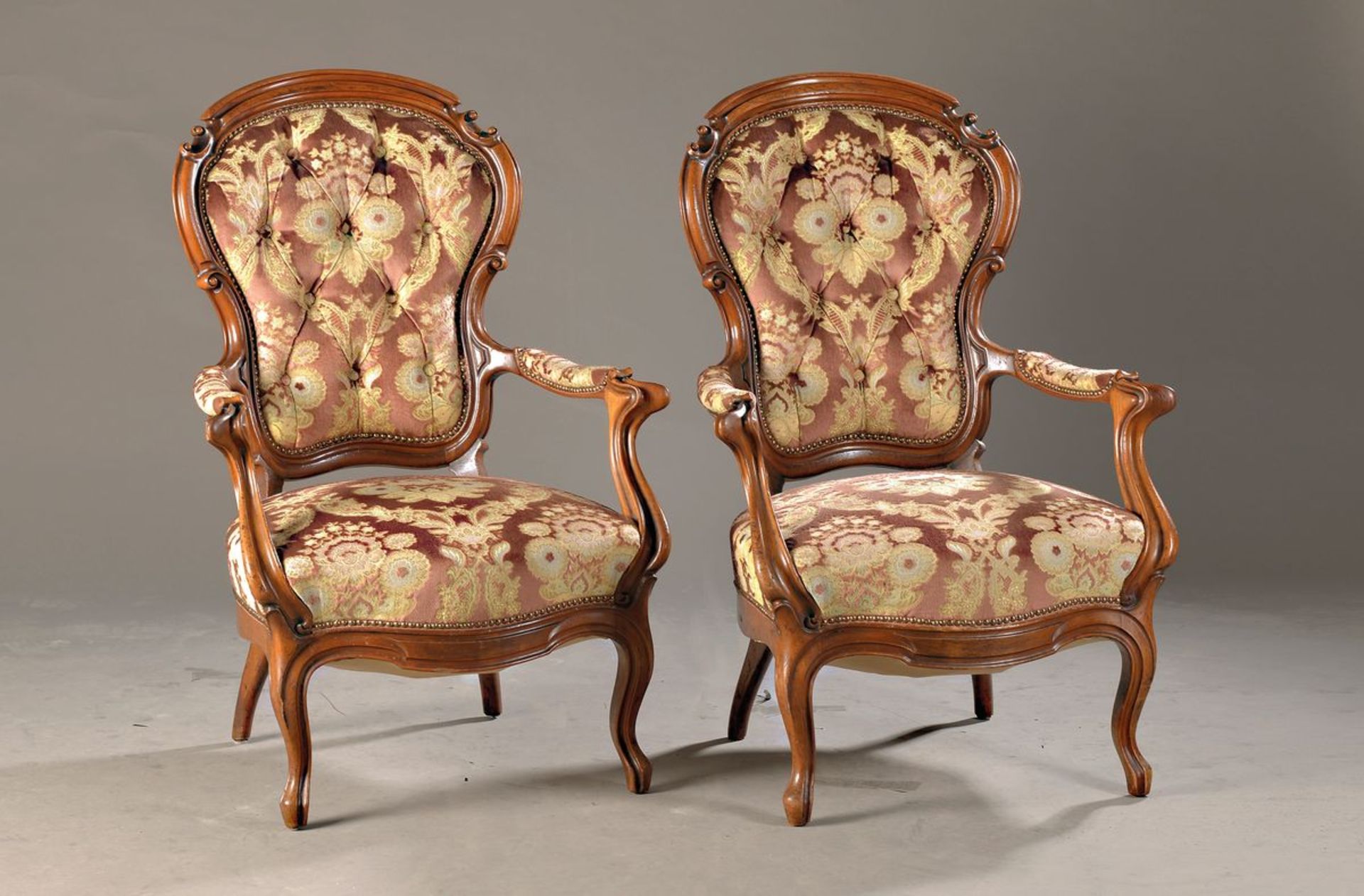 couple of armchairs around 1860/70, Louis Philippe, walnut massive, mahogany coloured painting,