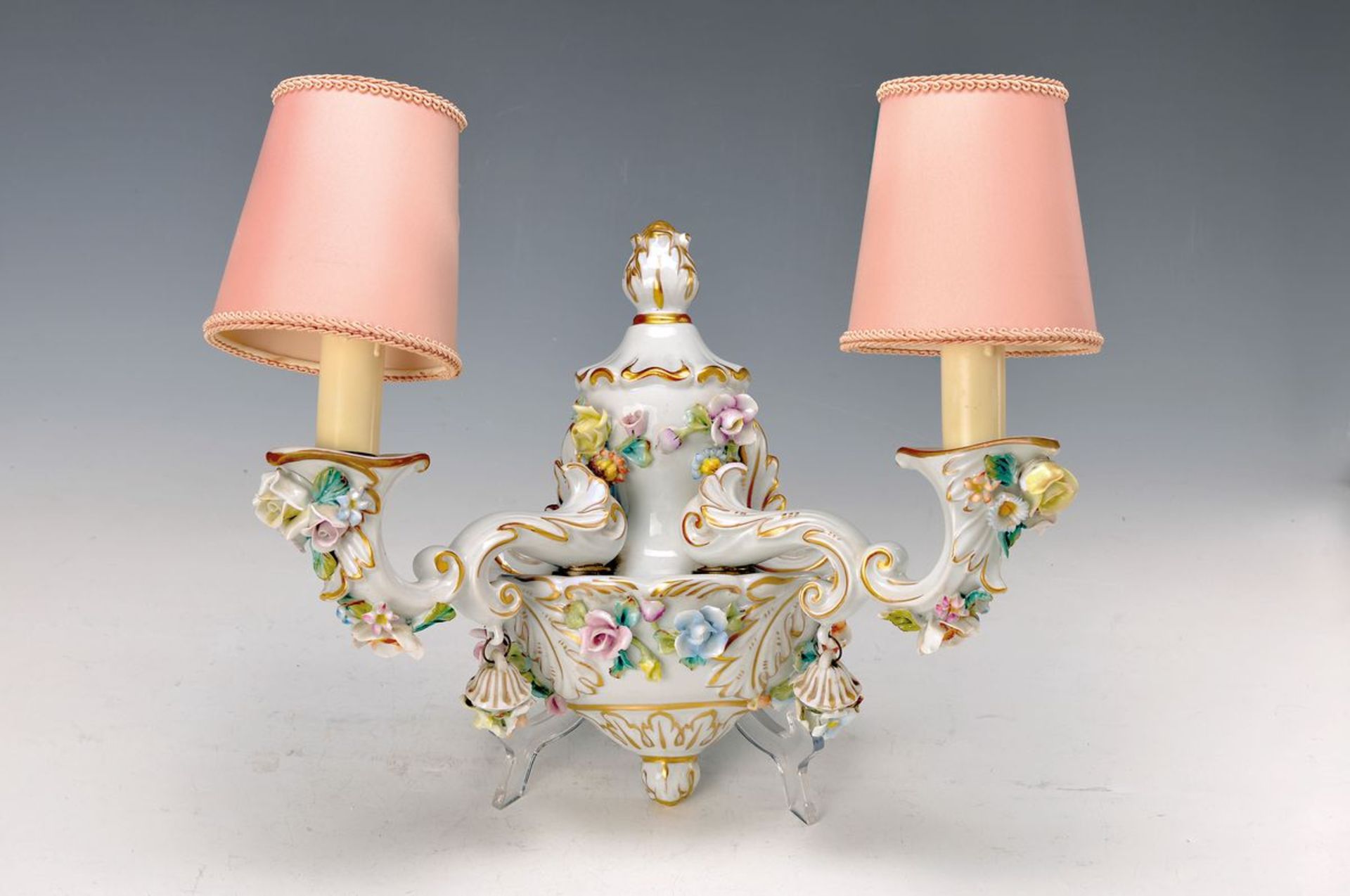 wall sconce, Volkstedt, around 1910, porcelain, two focal points, fitted opulent flowers, this