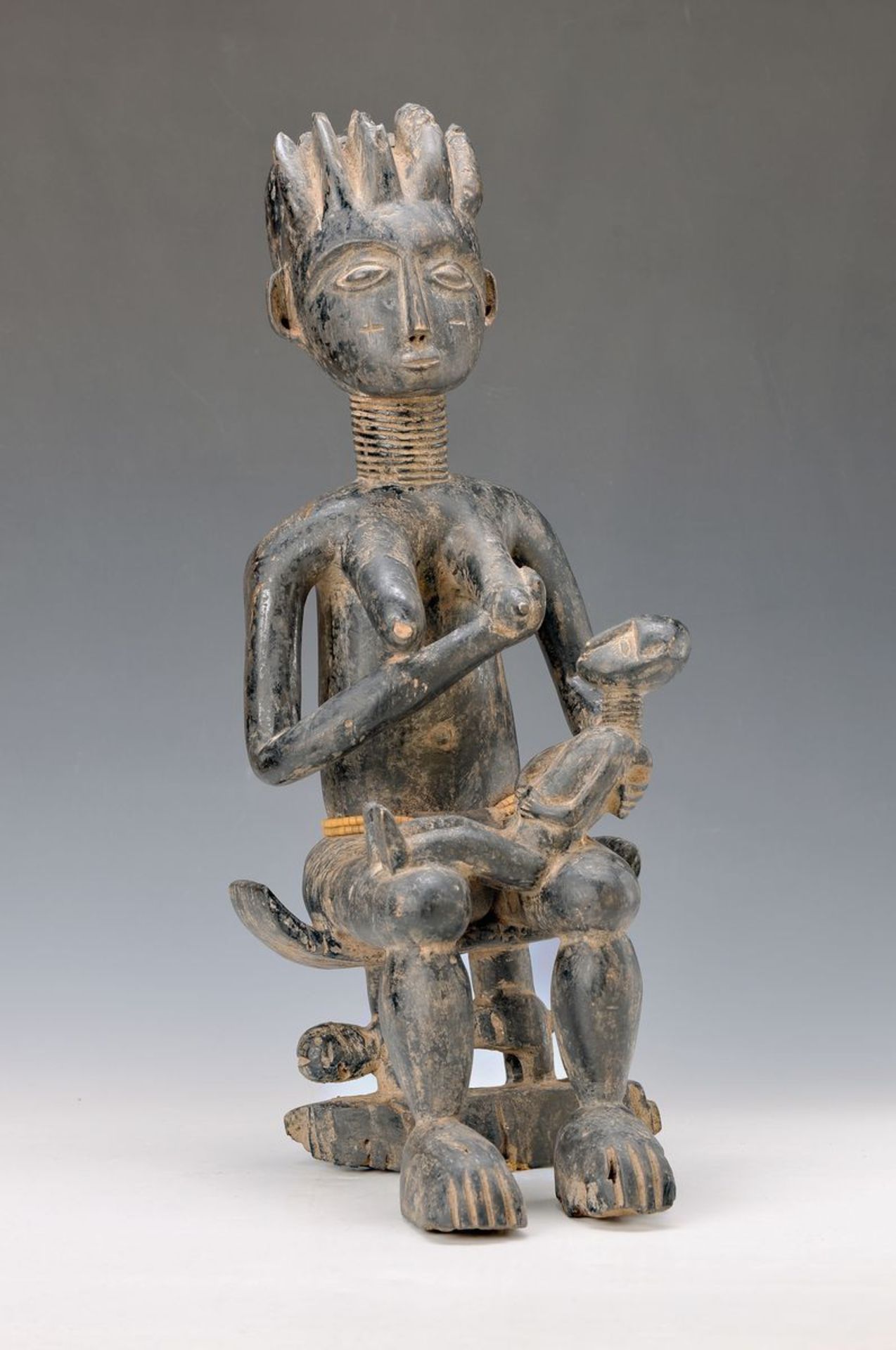 Ancestral sculpture, Ashanti/Ghana, approx. 40-50 years old, mother with child, wood, fine Patina,