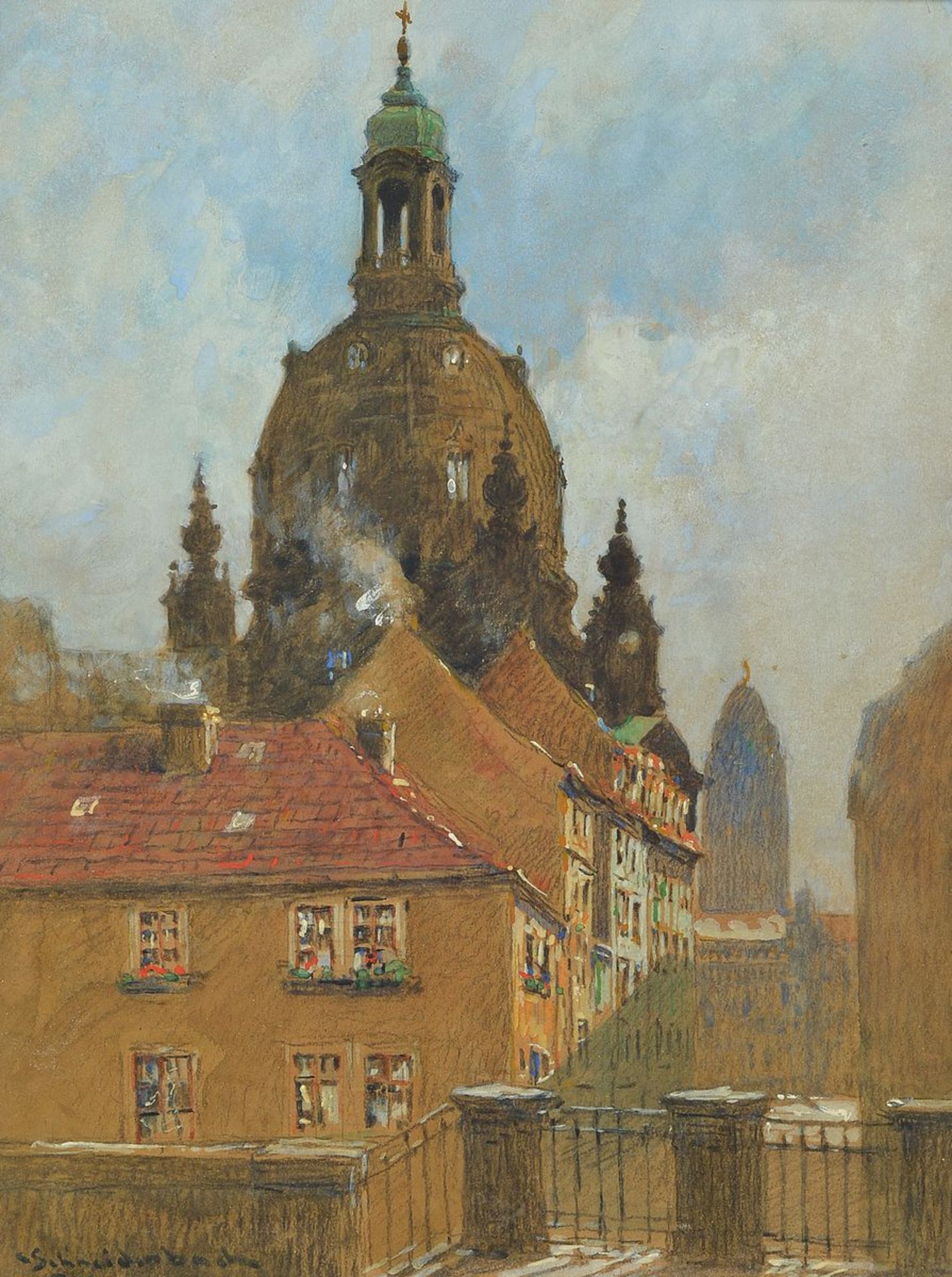 Camillo Schneidenbach, 1867-1951, view of Dresden and the Frauenkirche, watercolour and Gouache on