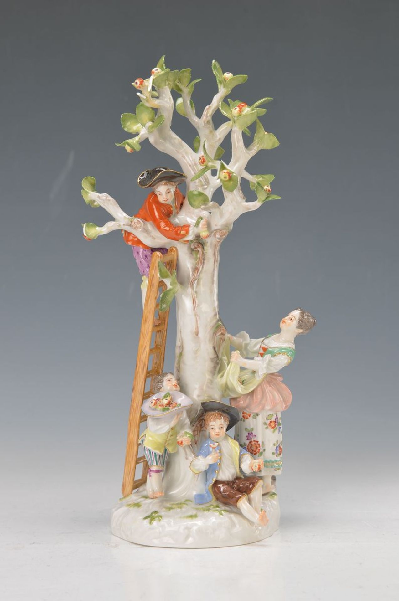 porcelain group, Meissen, around 1900, Model no. 1998, Apple Harvest, three boys and one woman on