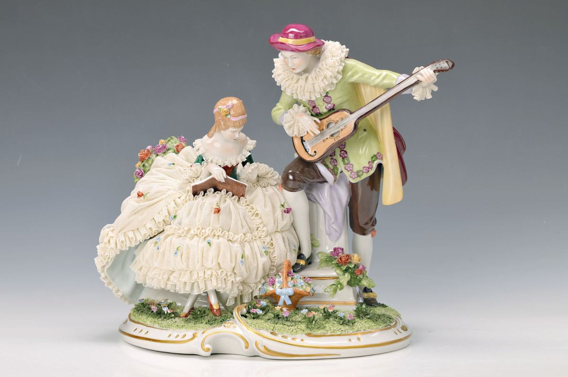 porcelain group, Unterweissbach, 20th c., lute player and singer in style of the Rococo, painted