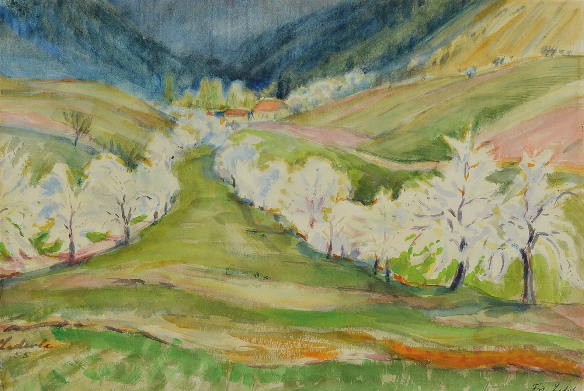 Fritz Lederle, 1901-1975 Ludwigshafen, landscape with blooming trees, watercolor on paper, signed