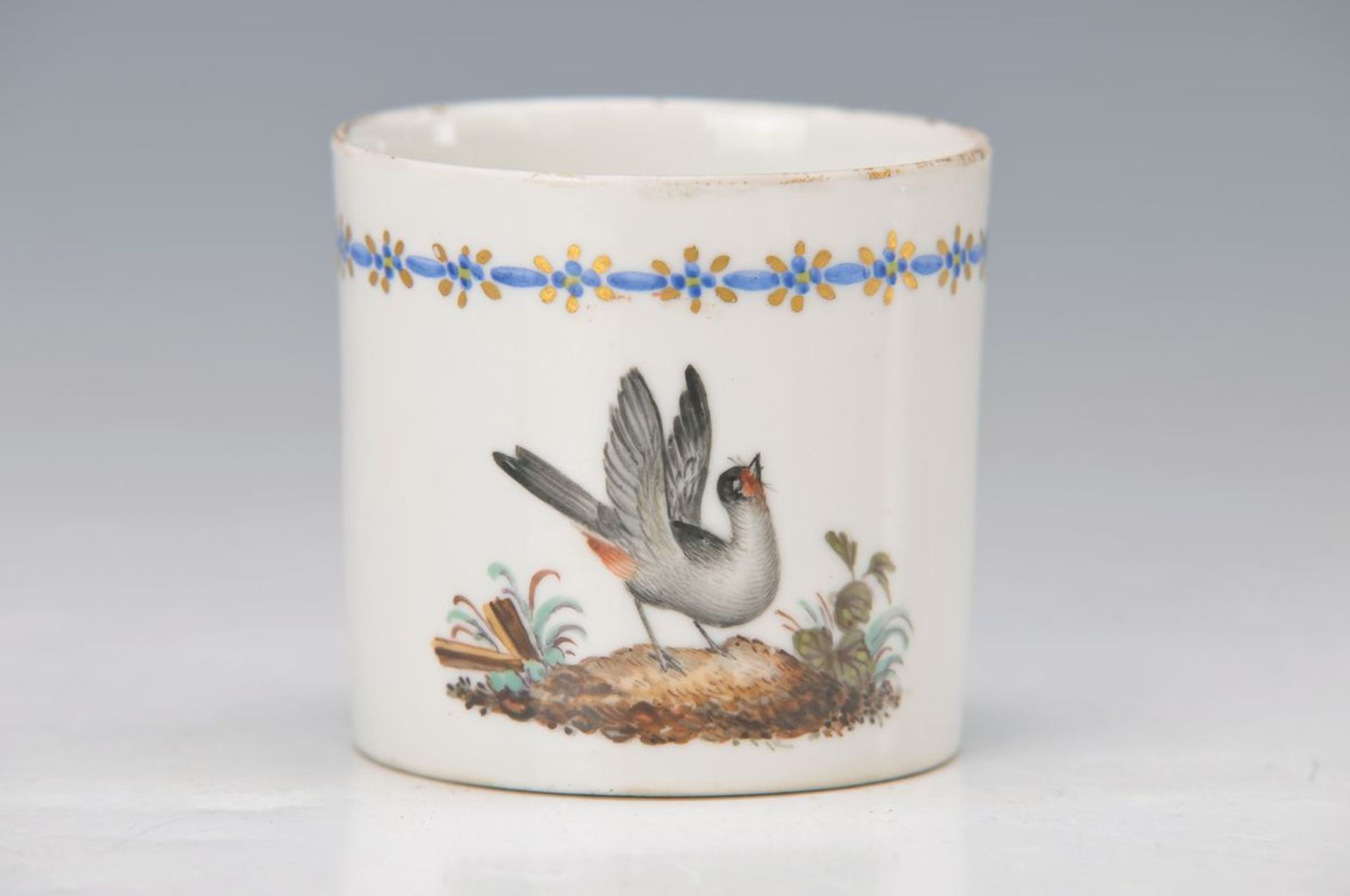 cup, Hoechst, around 1760, bird decor, fine polychrome painting, blue edge and gold decoration, H.