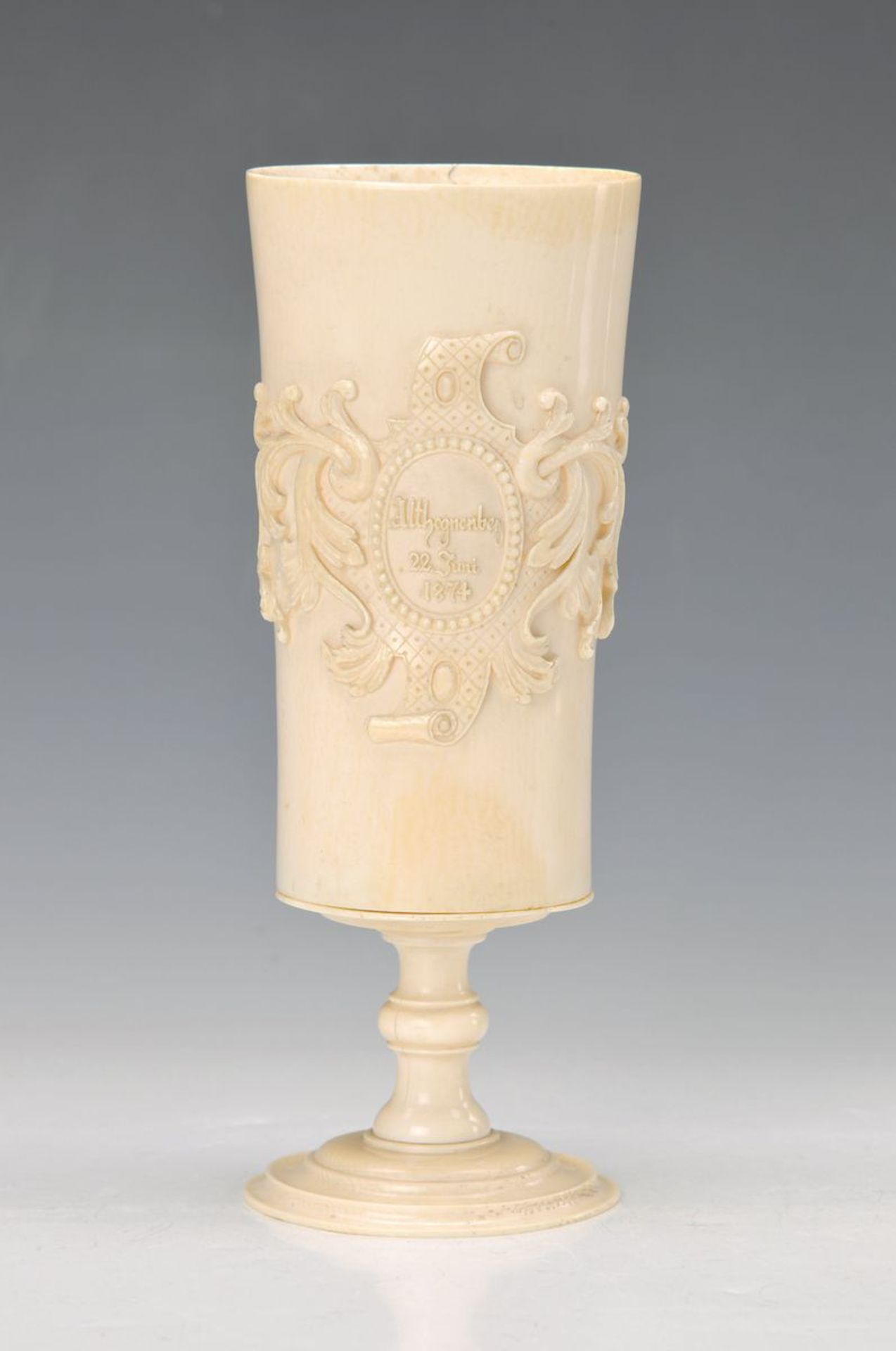 goblet, Althengenberg, dated 22. Juni 1874, Ivory, in the center coat of arms, encircling tendril