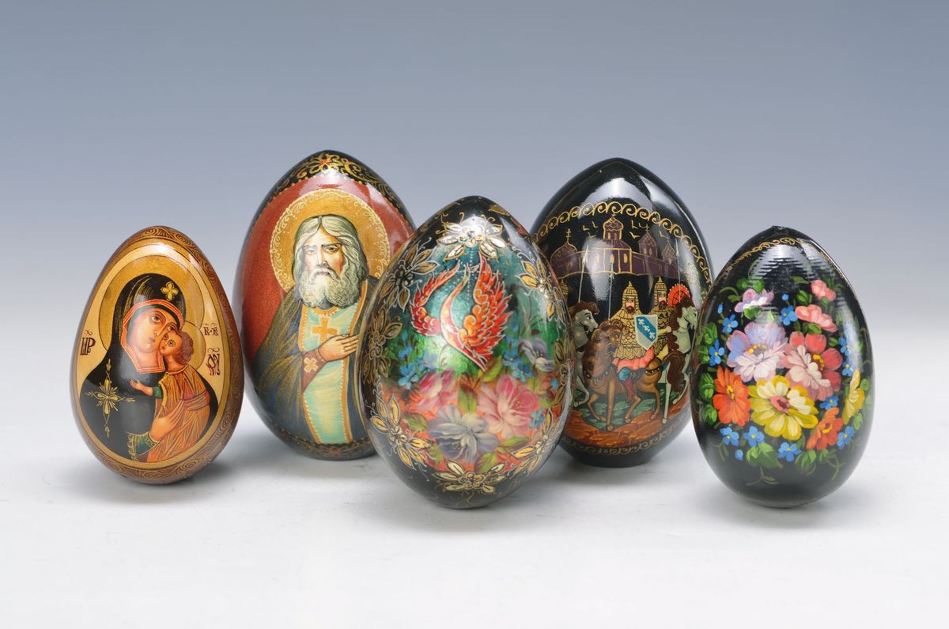 5 easter eggs, Russia, 1970-1990s, varnish, finely painted in bright colors with Christianmotifs and