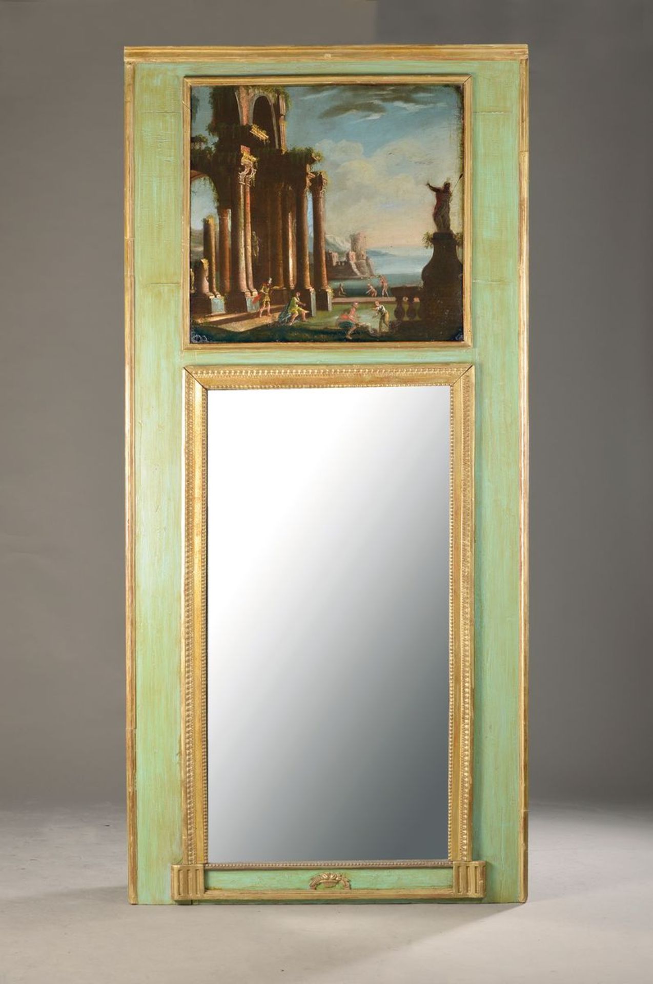 Trumeau/Mirror, France, around 1800, wooden frame green painted (painting secondary), in upper