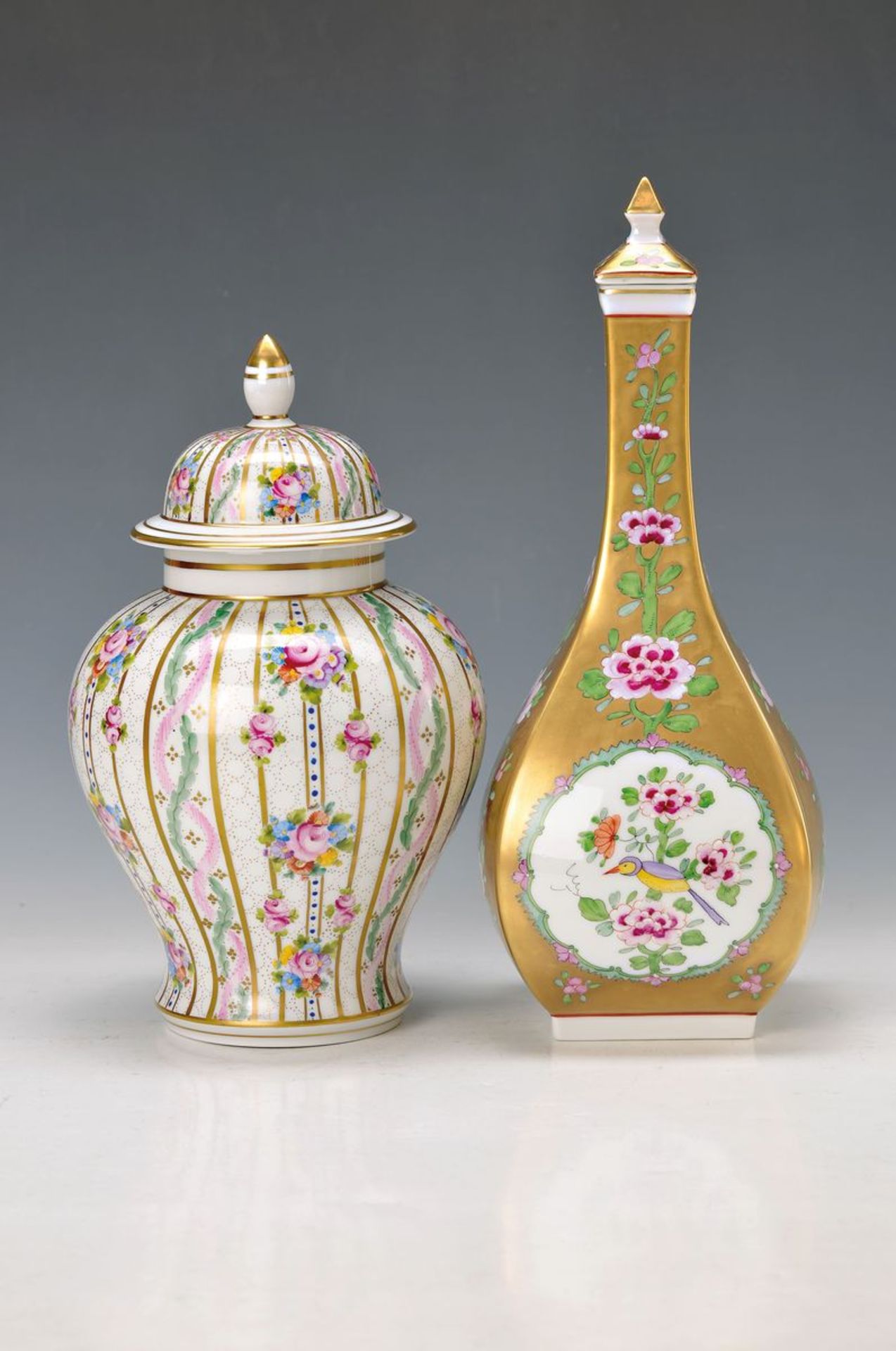 two lidded vase, Potschappel, Dresden, 20th c., Asian flower with bird, gold ground, H. approx. 31