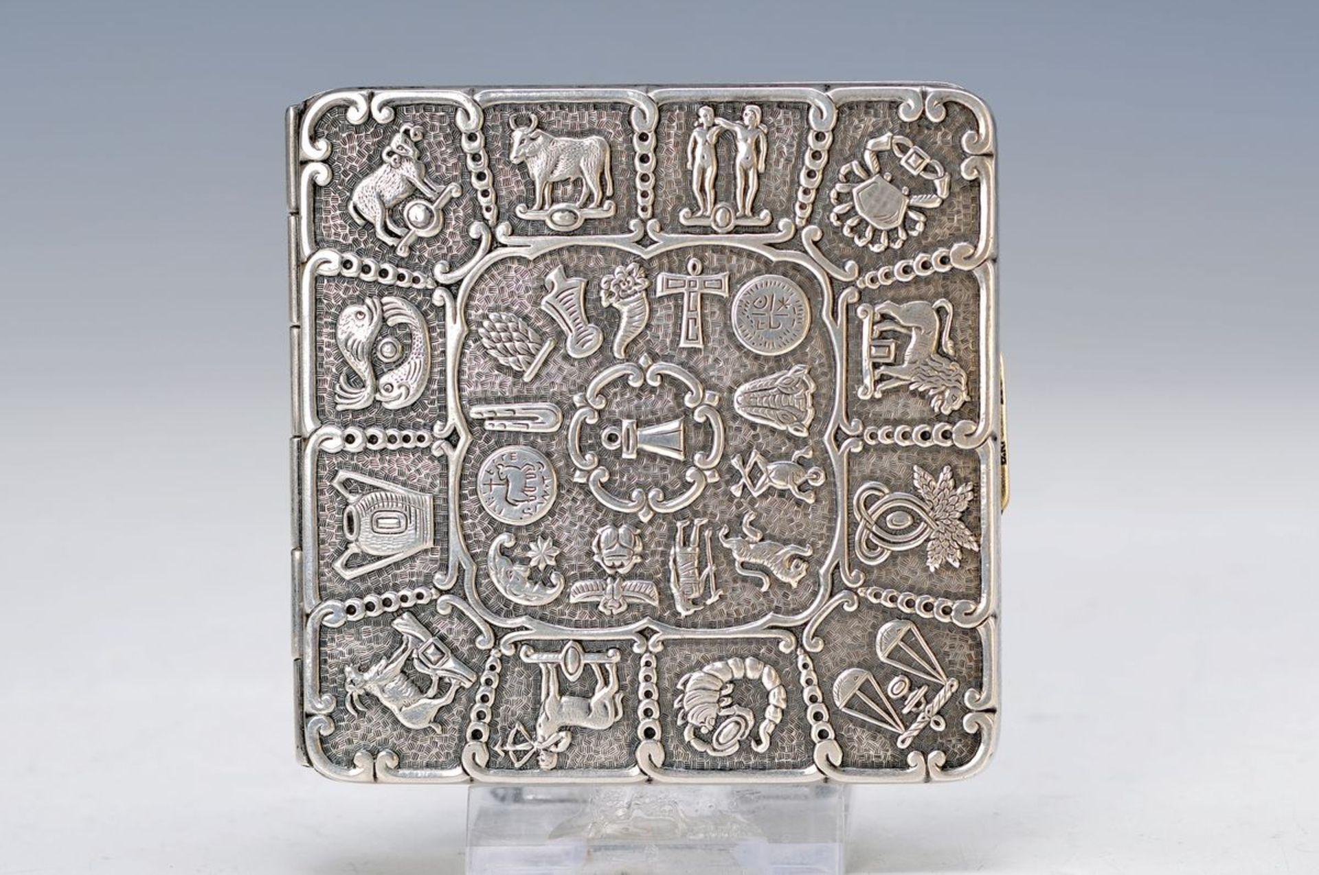 powder box, 1930s, 935er silver, opulent embossed with sign of the zodiac and many other symbols,