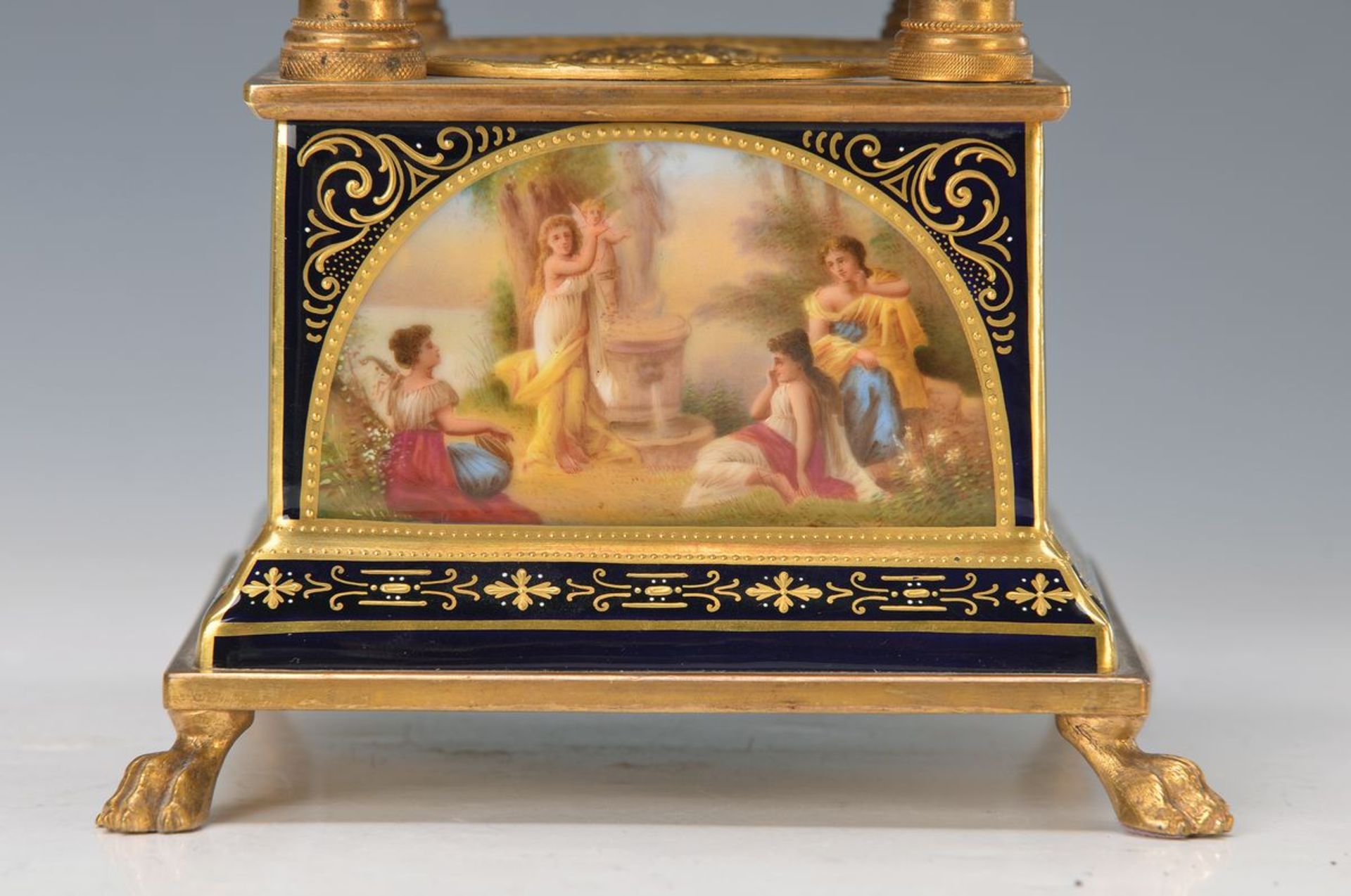 table clock, Franz Dörfl, porcelain-painting, around 1900, porcelain corpus with four-sided - Image 2 of 3