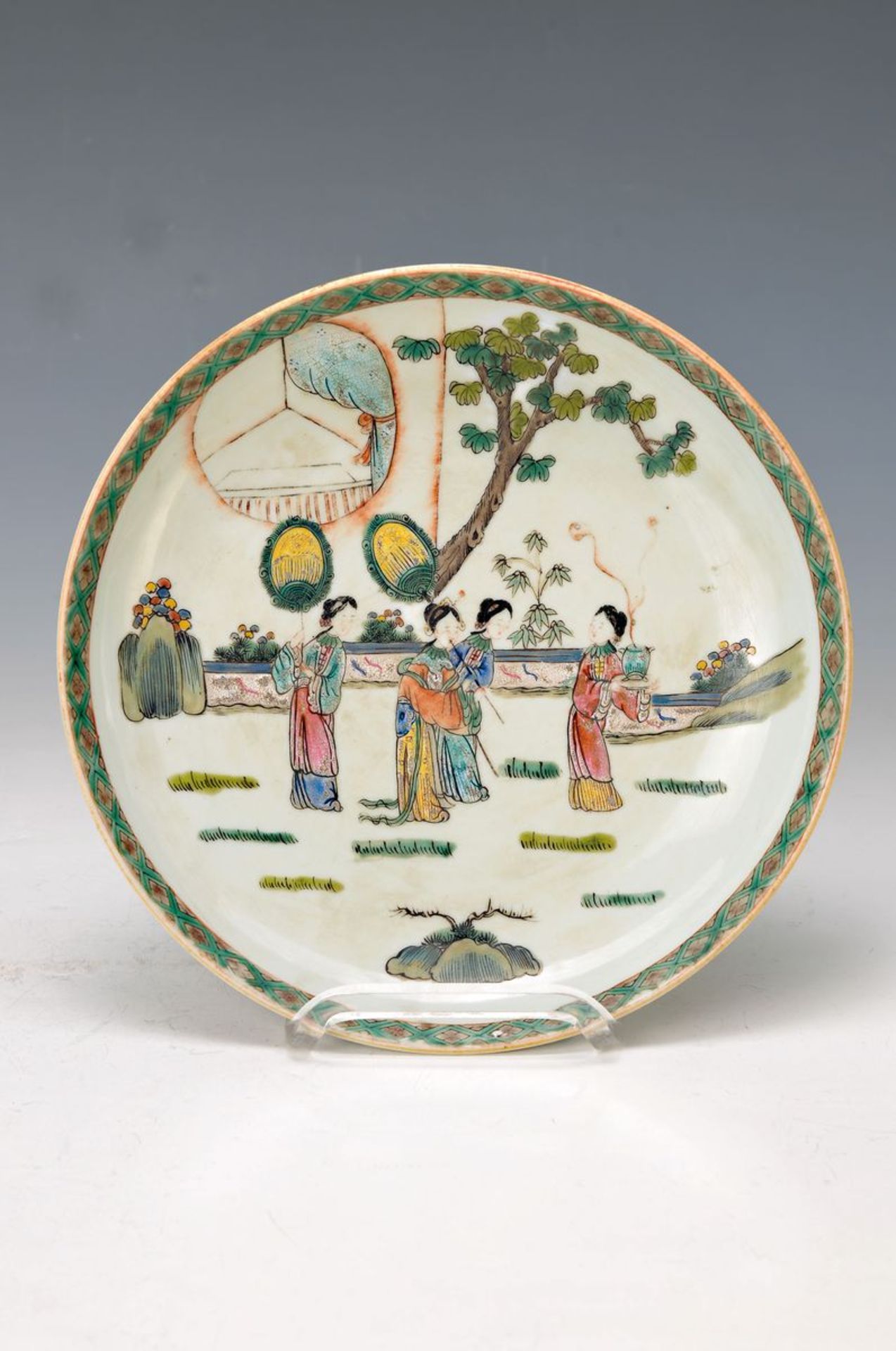 Deep Dish/bowl, China, around 1860, porcelain,painted in bright colors with women in garden,H.