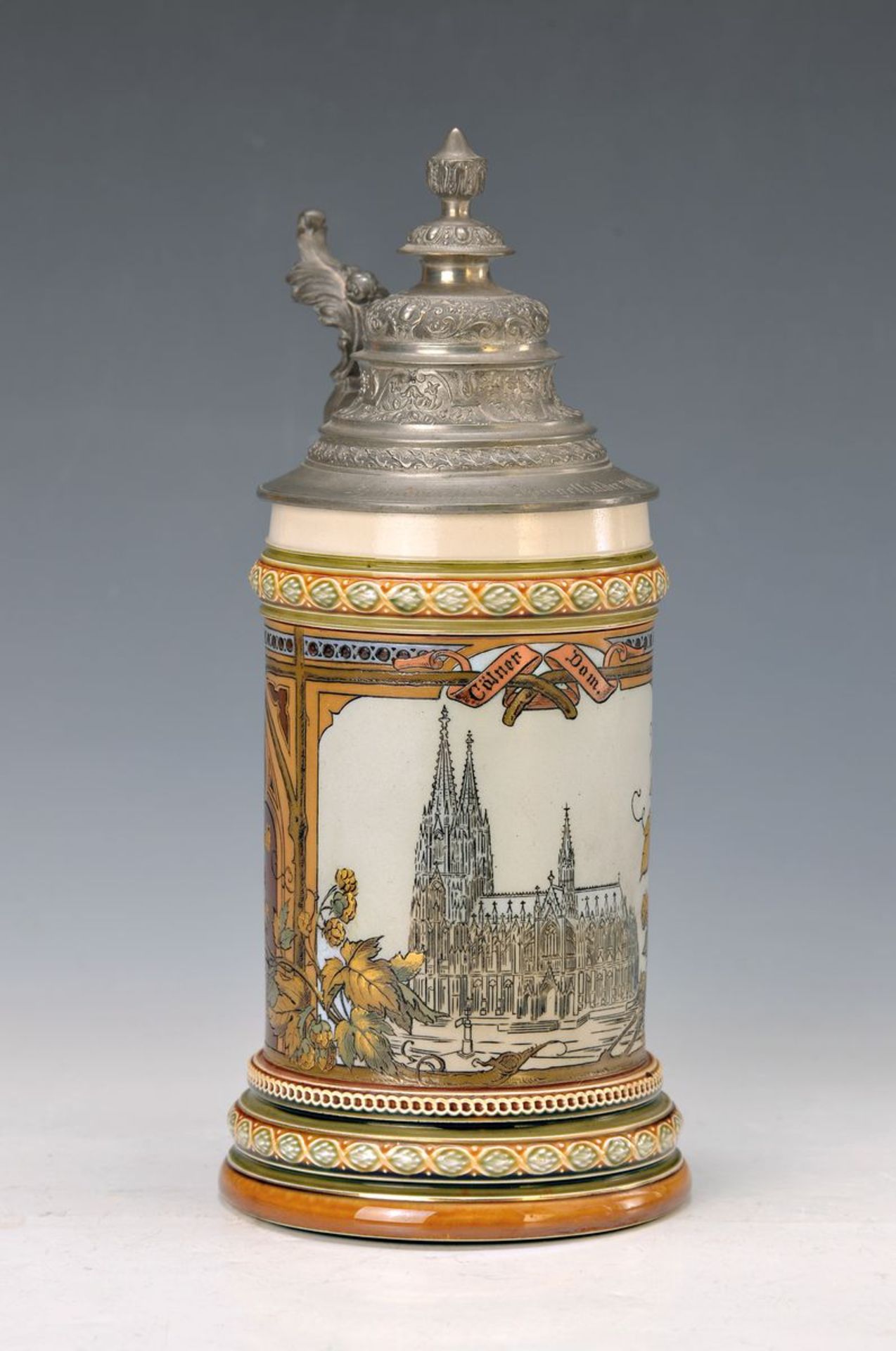 tin lid jar, Mettlach, Model 1915, around 1890, tin cover dat. and with dedication, representation