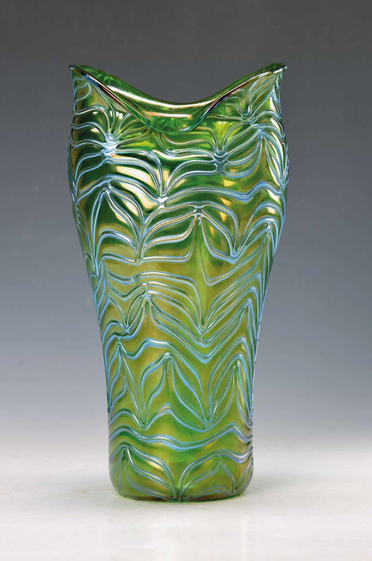 Large vase, Lötz, around 1900, green blown glass, melted with lustre grid, upper edge dual extended,