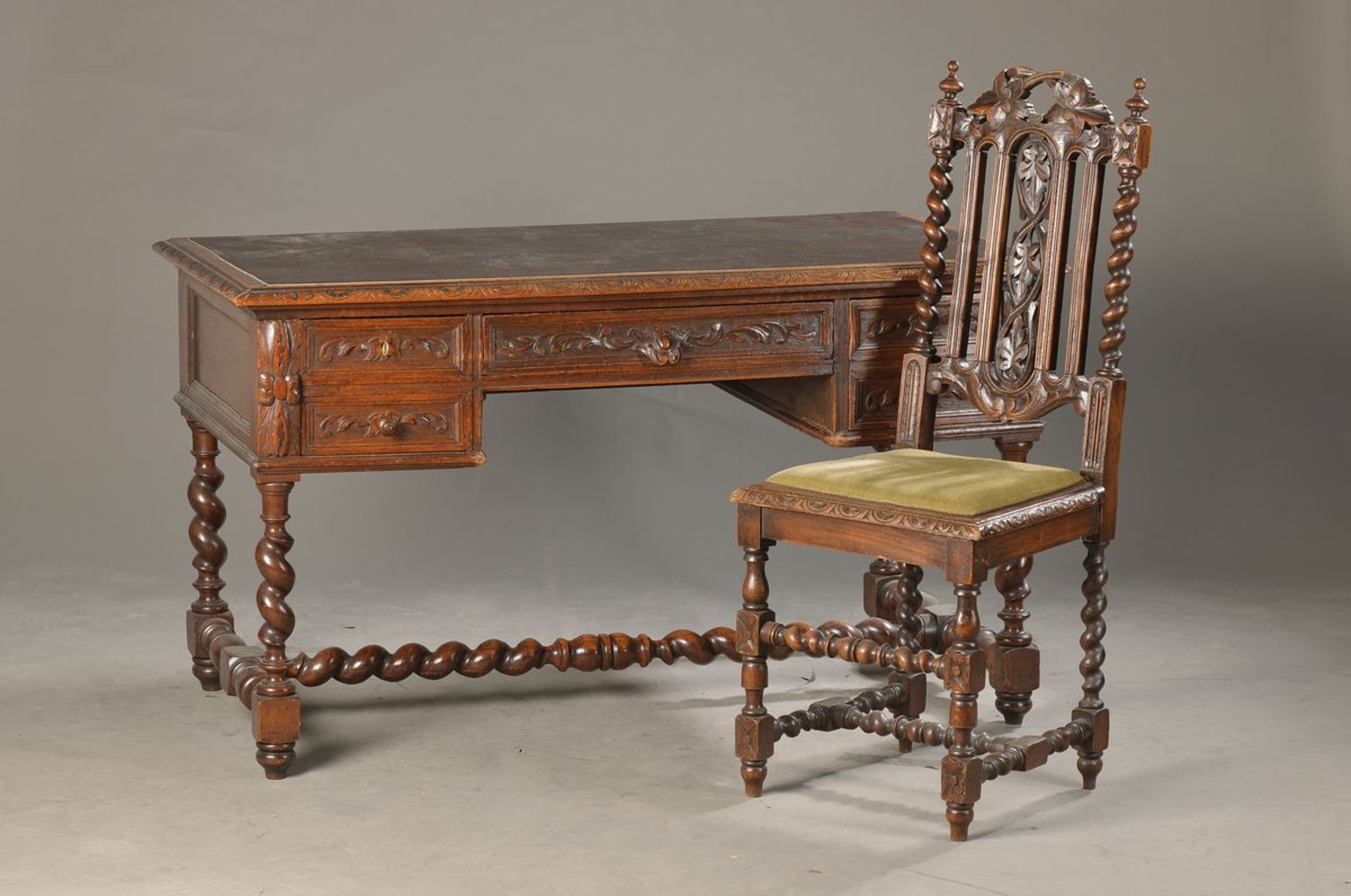 writing cabinet and chair, France, around 1880, oak massive, turned legs, encircling carved