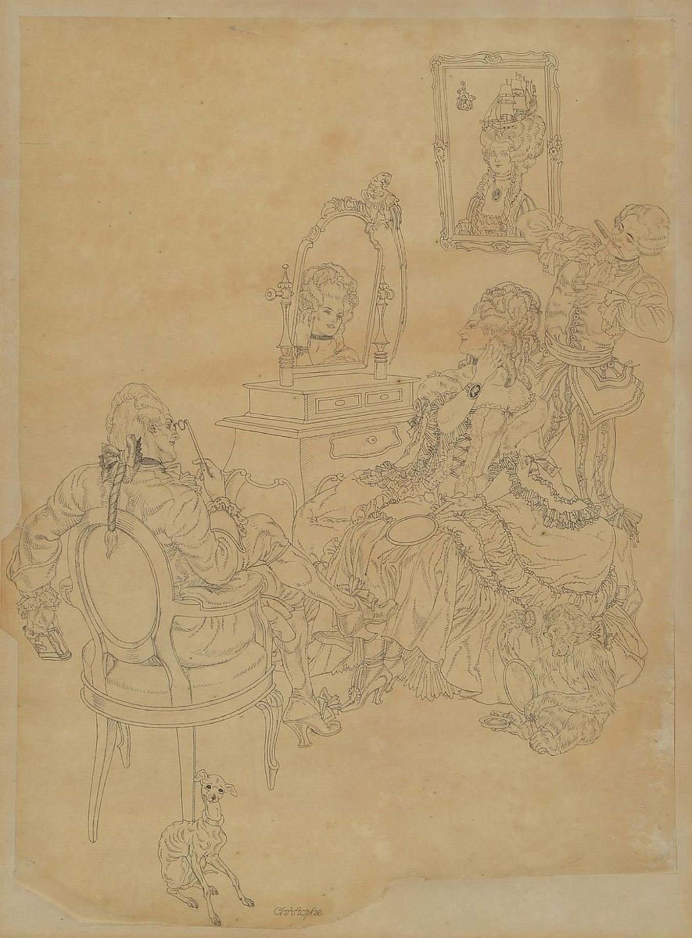 Georges Colomb, called # "Christophe #", 1856 -1945, Rococo society, pencil on parchment paper,