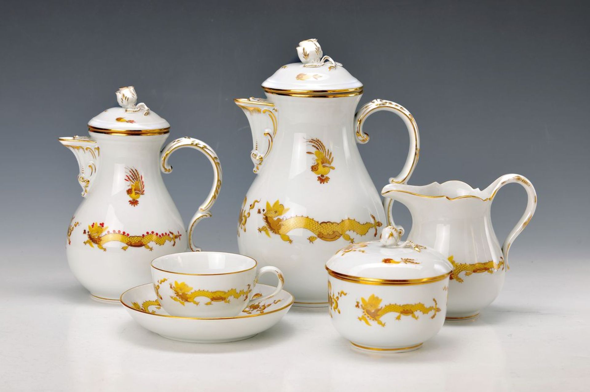 coffee set, Meissen, 1930s, yellow dragon gold heightened, gold rim, large coffee pot, largesugar