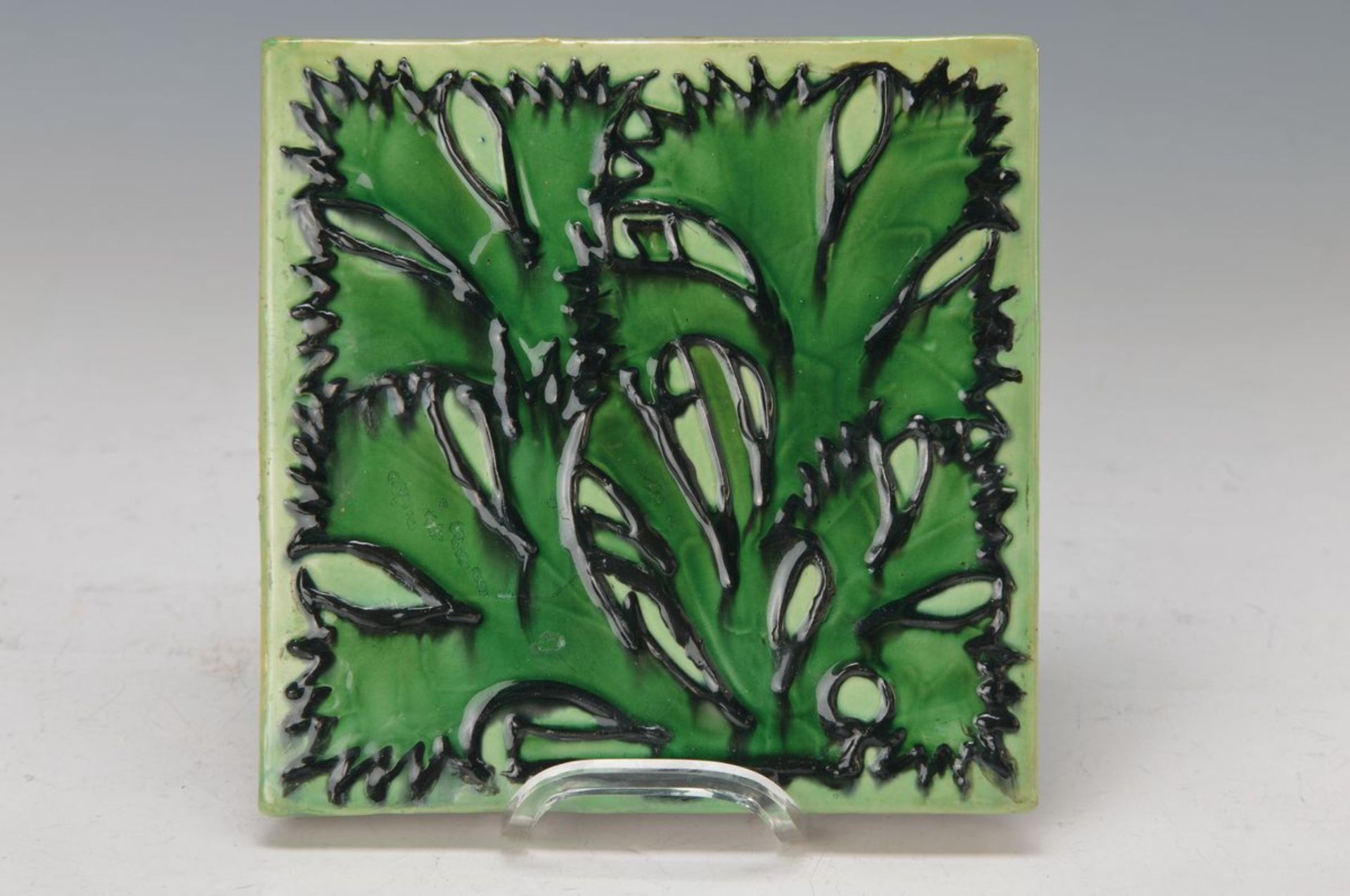 Tile, Max Laeuger, around 1899, ceramic, representation of branches, approx. 15.5x15.5cm, Lit: